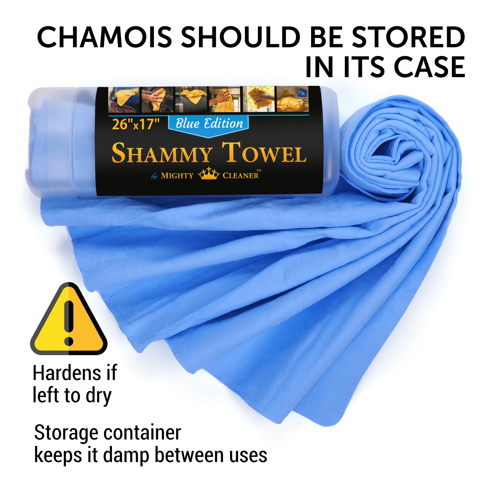 Premium Chamois Cloth for Car - 26”x17”- Blue Car Shammy Towel + Storage  Case - Super Absorbent - Scratch-Free Shammy Cloth for Car 